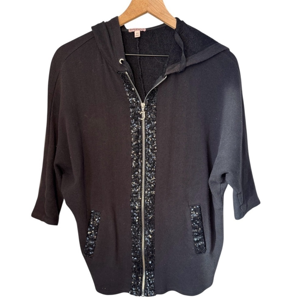 Juicy Couture Black Sequined Dolman Sleeve Oversized Long Zip Up Hoodie Sz XS